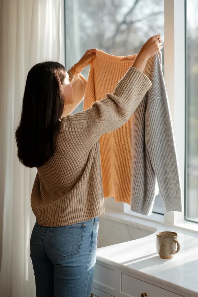 Woman comparing warm and cool neutral sweaters in window light to choose a monochrome base
