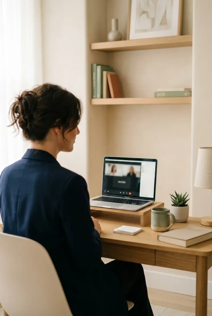 Woman dressed in a navy blazer for a virtual job interview at a tidy desk