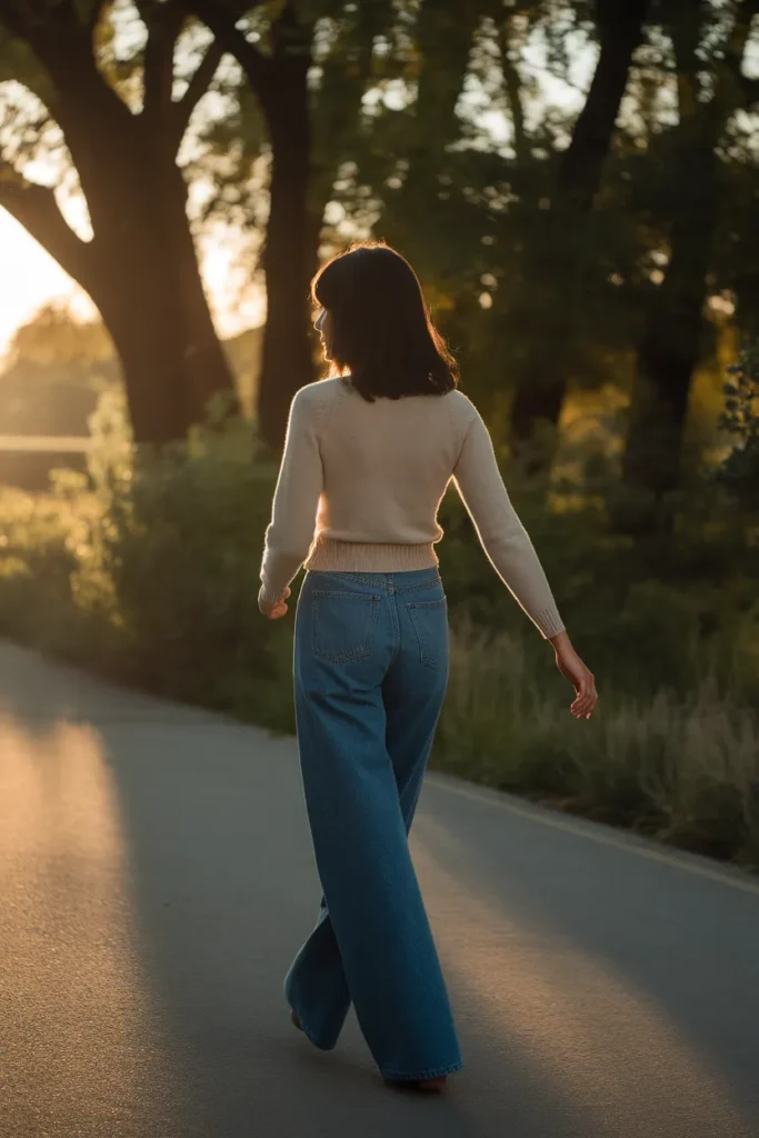 Woman from behind in full-length indigo wide-leg jeans and oat sweater, elongated line.