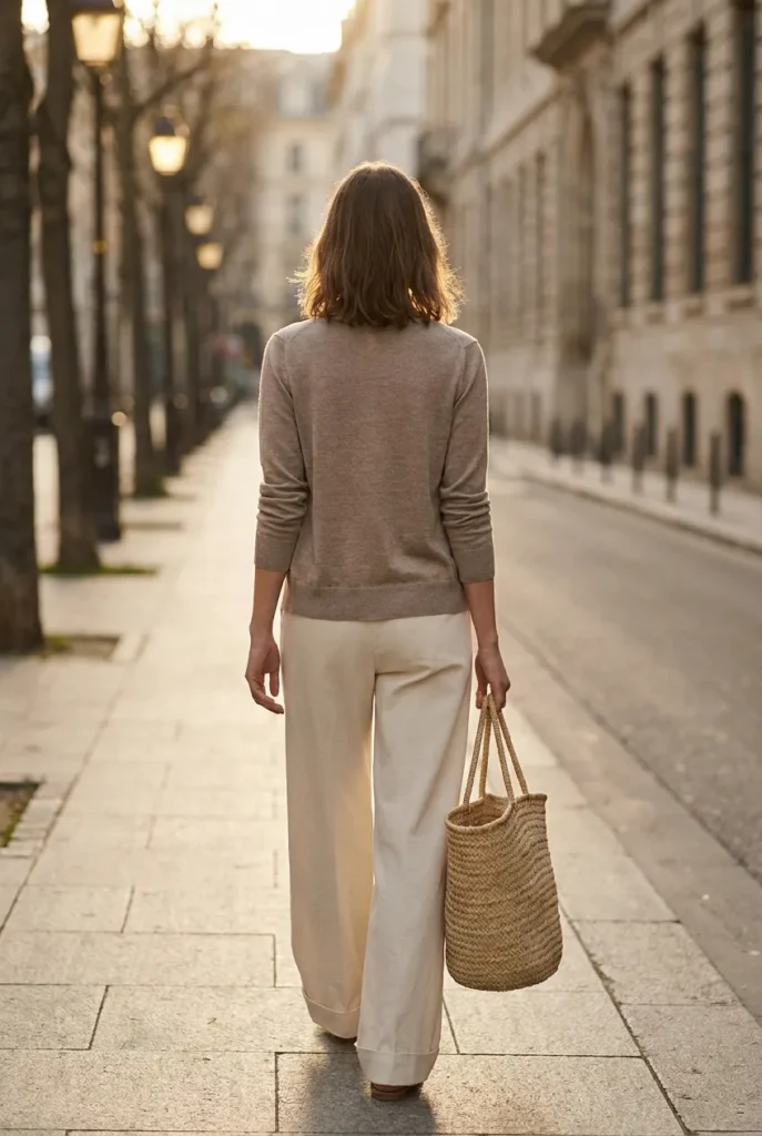 Woman half-tucking a taupe cardigan into wide-leg trousers on a city street