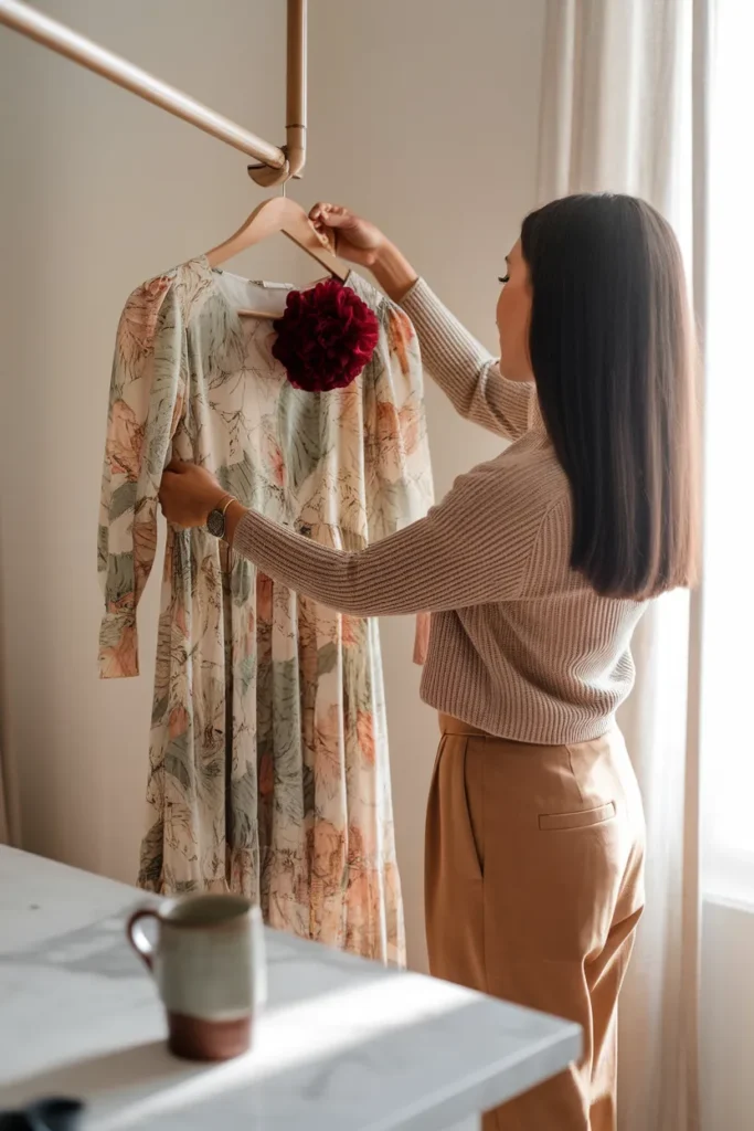 Woman holding a printed midi dress used as the anchor piece for a capsule wardrobe color palette.