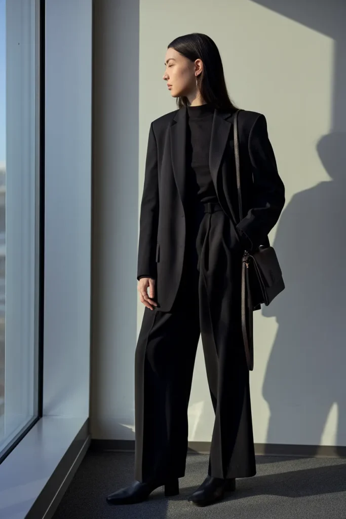Woman in a black blazer, mock neck knit and wide leg trousers by an office window, corporate goth outfit.