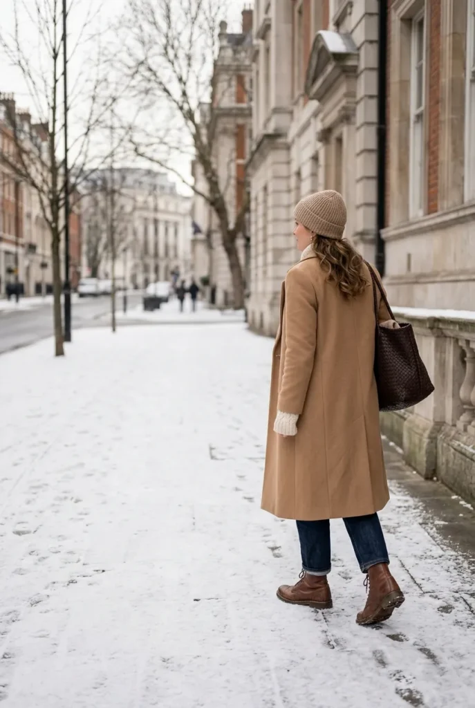 Woman in a camel coat and cream knit walking in snow, a cozy winter outfit that looks put-together.
