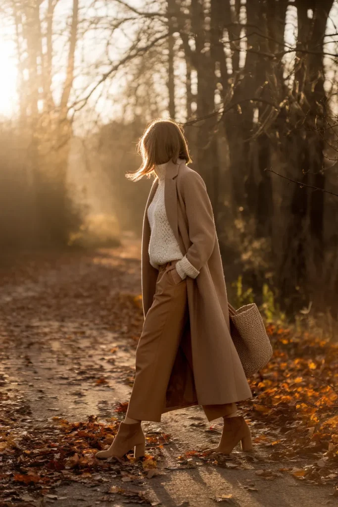 Woman in a camel monochrome coat and trousers walking on an autumn path
