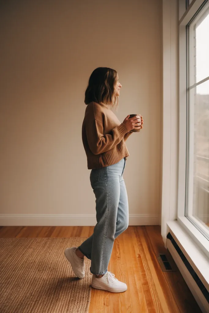 Woman in a camel sweater and mid-wash jeans by a window holding a mug.
