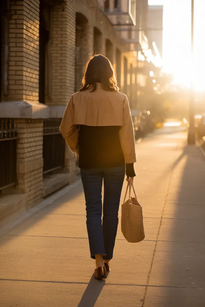 Woman in a camel trench and loafers showing a defined capsule wardrobe aesthetic