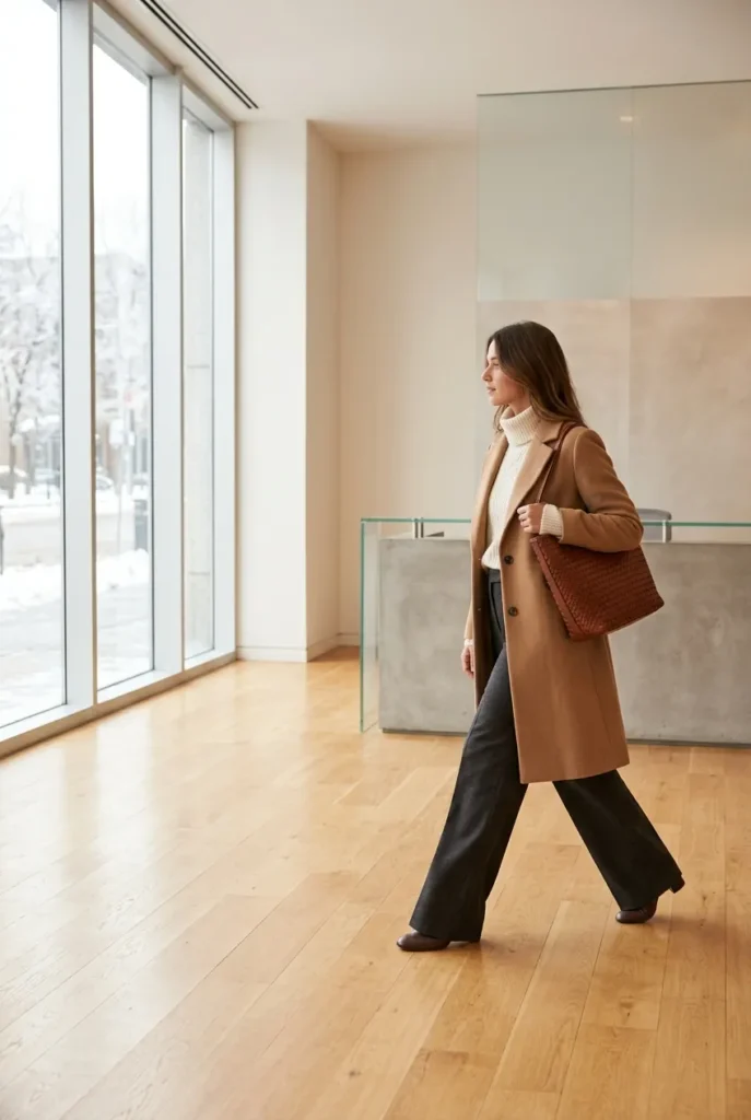 Woman in a camel wool coat and turtleneck showing warm winter work outfits for the office.