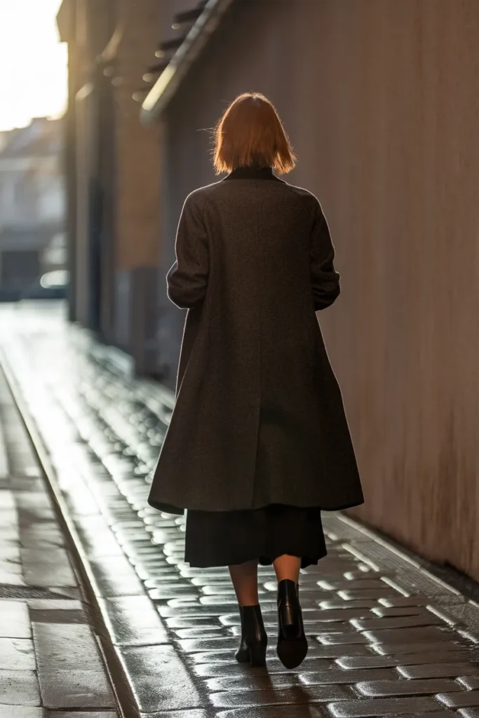 Woman in a charcoal coat and black boots walking a cobbled street, goth capsule wardrobe outfit.