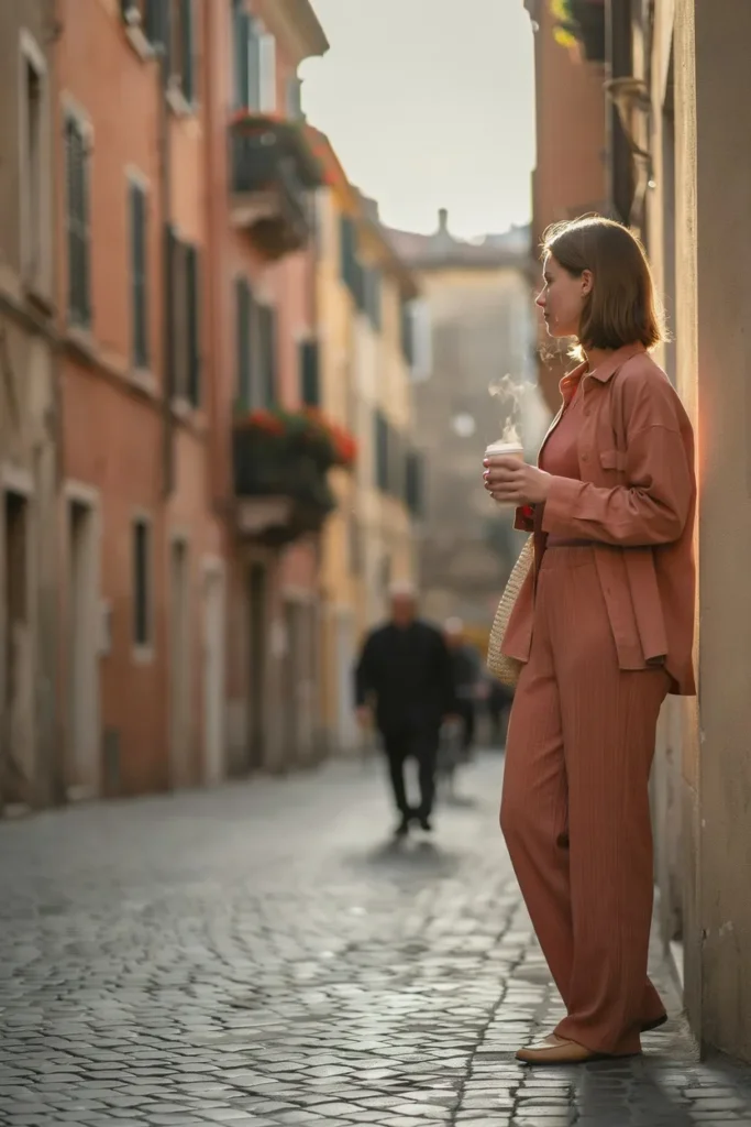 Woman in a head-to-toe terracotta monochrome outfit walking a sunny city street. monochrome outfits