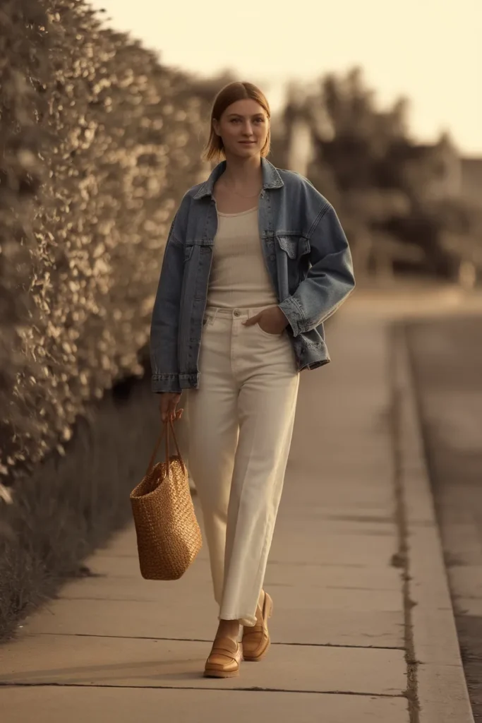 Woman in a mid-wash denim jacket, cream tank, and ivory trousers walking in golden-hour light