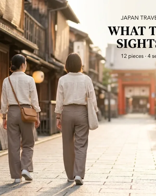 Woman in a neutral linen capsule outfit walking a Kyoto street, Japan travel capsule wardrobe