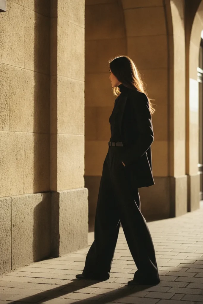 Woman in all black outfit with blazer and wide-leg trousers in warm city light