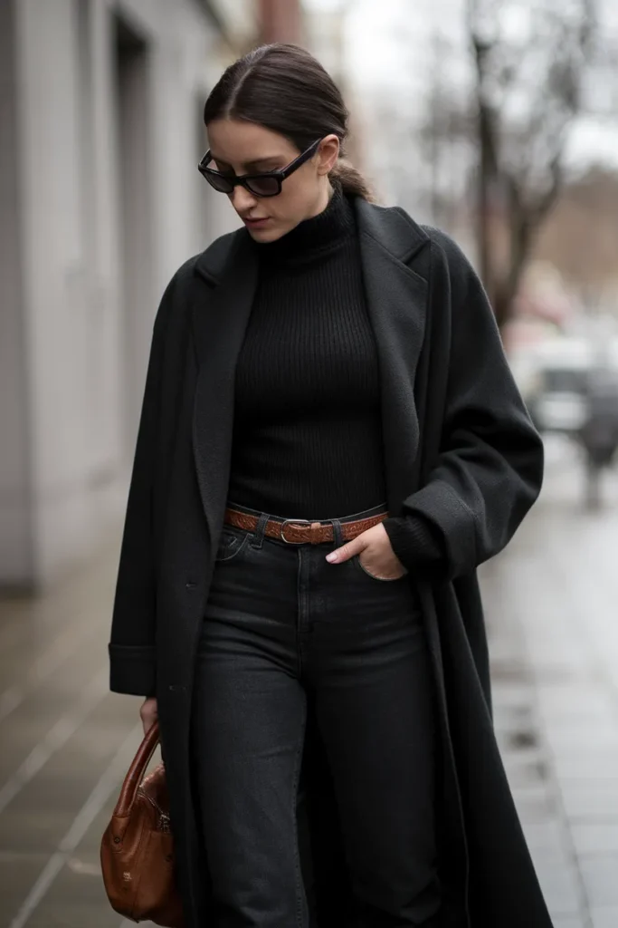 Woman in an all-black monochrome outfit mixing matte and structured fabrics on a city street