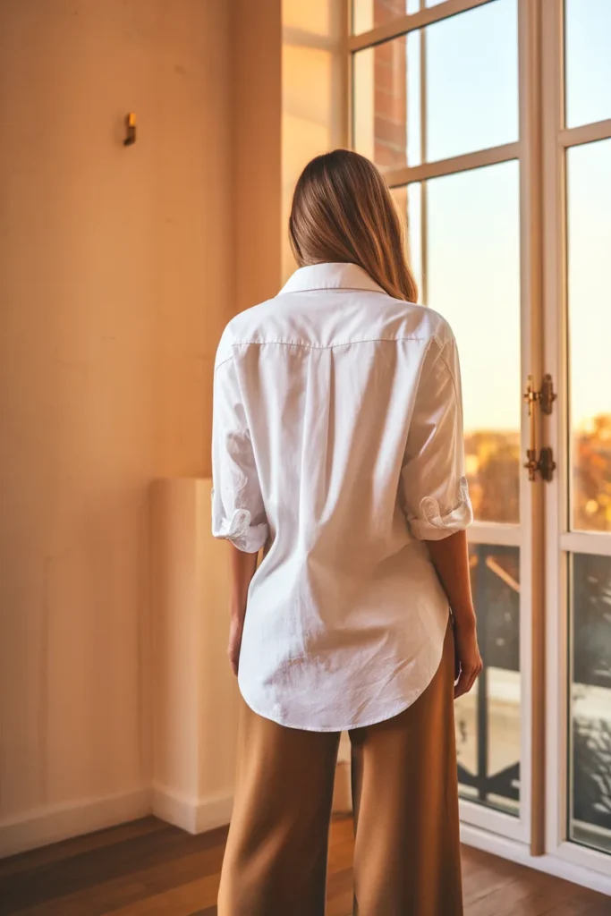 Woman in an ivory button-down half-tucked into camel trousers in golden window light