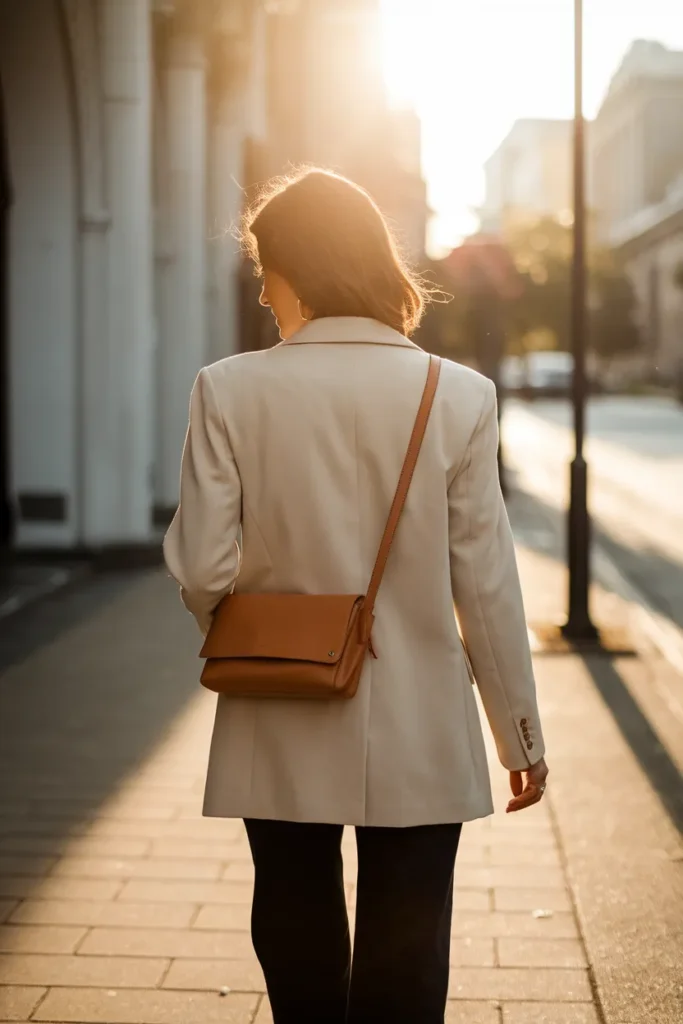Woman in an oatmeal tailored blazer and dark jeans walking in golden hour light