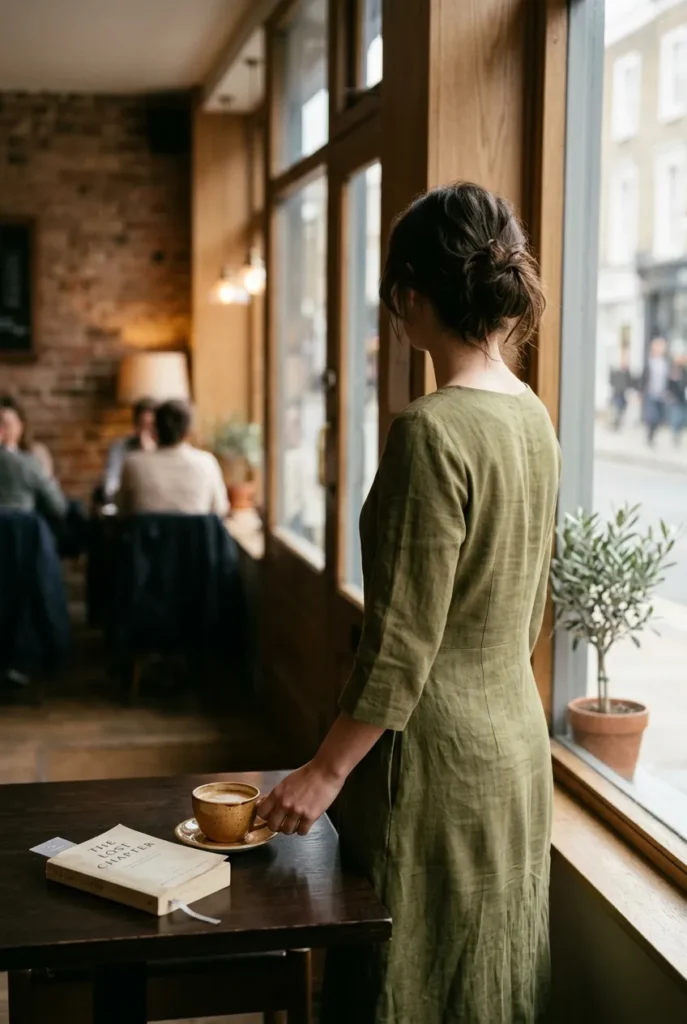 Woman in an olive midi dress styled as a one-piece London capsule outfit.