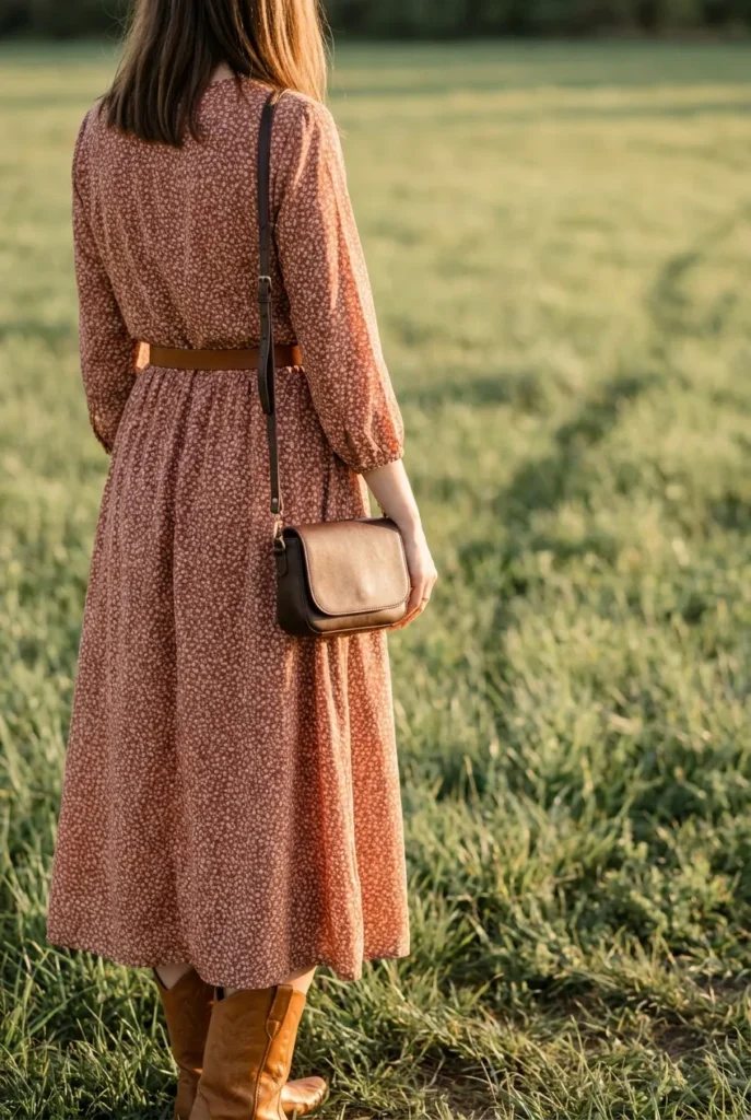 Woman in belted floral midi dress and cowboy boots, dressy western outfit for women.