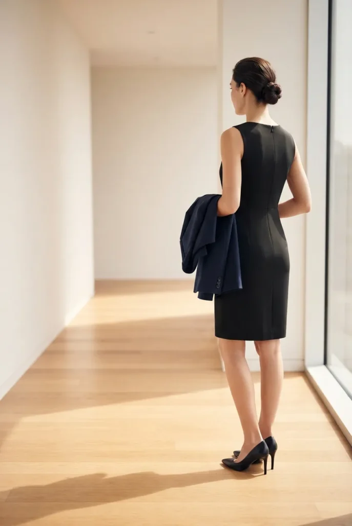 Woman in black sheath dress holding navy blazer in formal office setting.