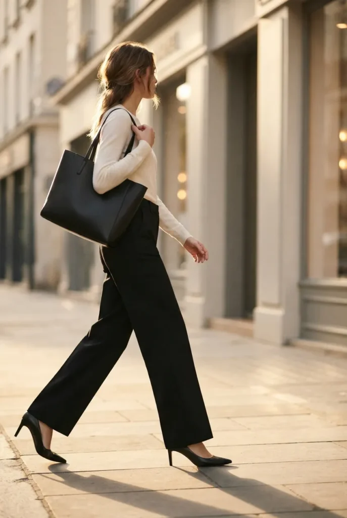 Woman in black wide-leg trousers and ivory knit walking in formal office outfit.