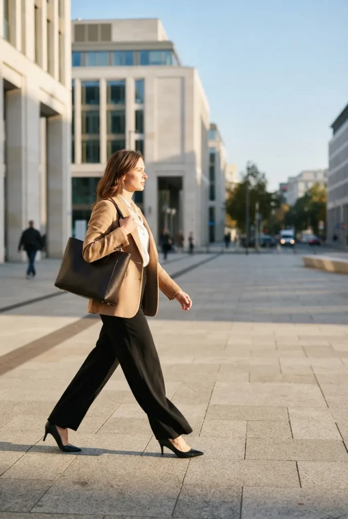 Woman in camel blazer and black trousers walking to work in formal office outfits