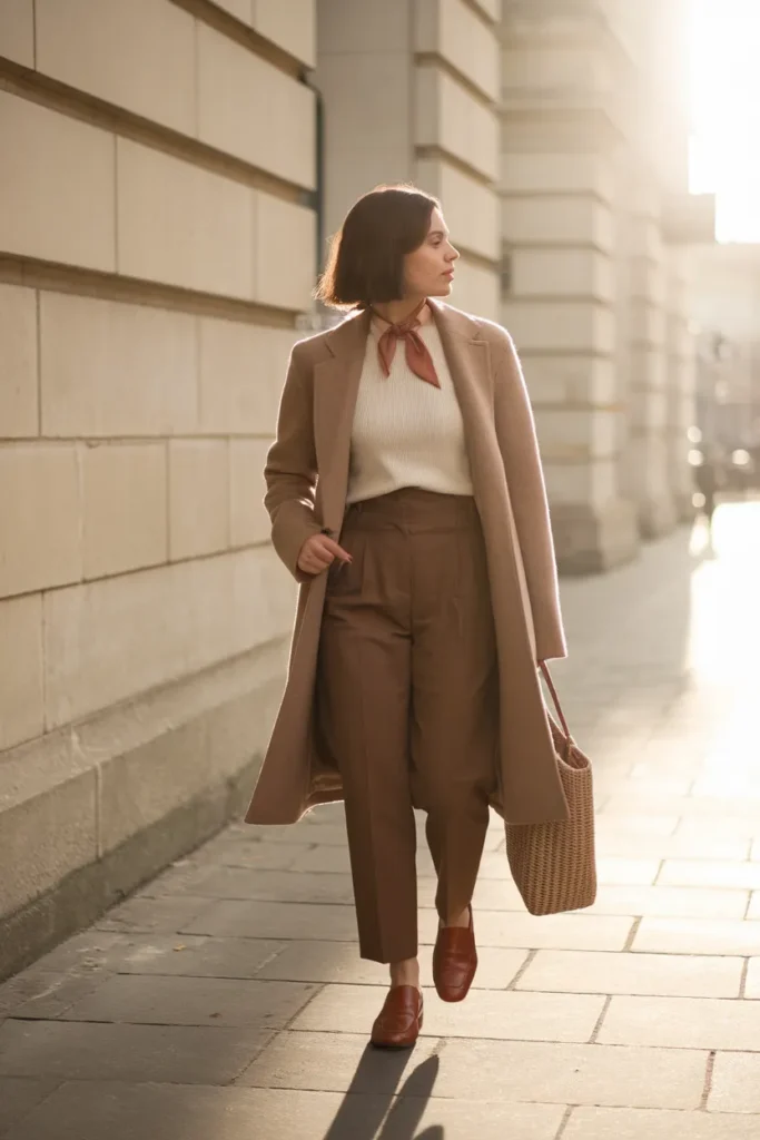 Woman in camel coat and loafers walking at golden hour, a vintage capsule wardrobe outfit with retro soul