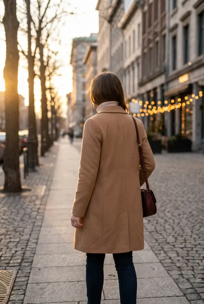 Woman in camel longline wool coat walking a city street in winter light