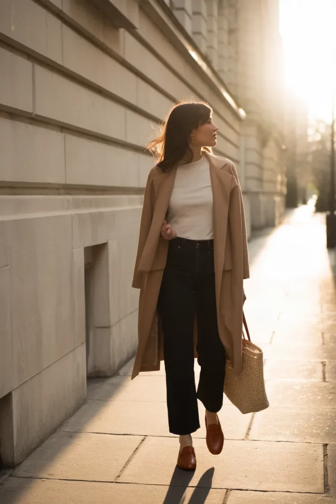 Woman in camel trench and dark jeans walking at golden hour, a year round capsule outfit in motion