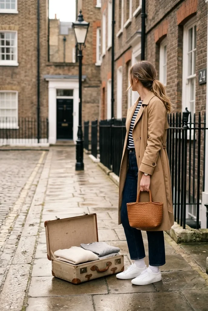 Woman in camel trench and jeans on a London street beside a carry-on capsule wardrobe.