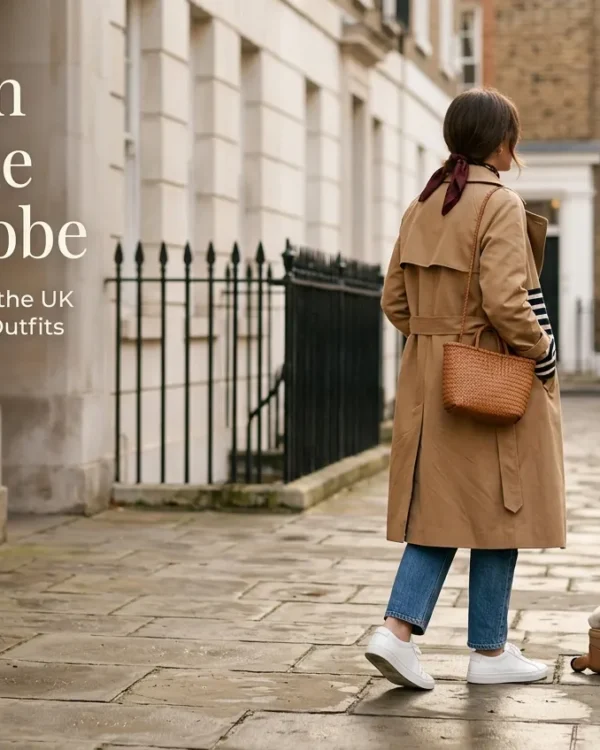 Woman in camel trench and jeans walking a London street beside an open carry-on capsule wardrobe.