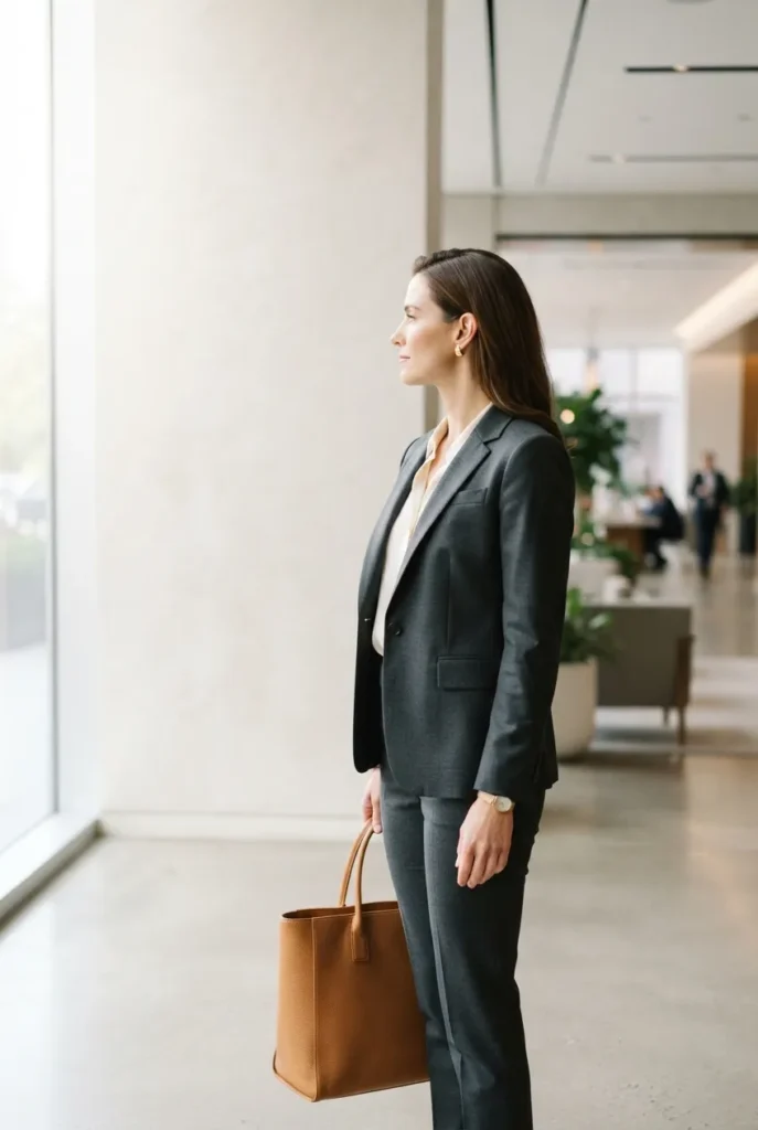 Woman in charcoal suit and ivory blouse holding a camel tote, a business professional wardrobe base.