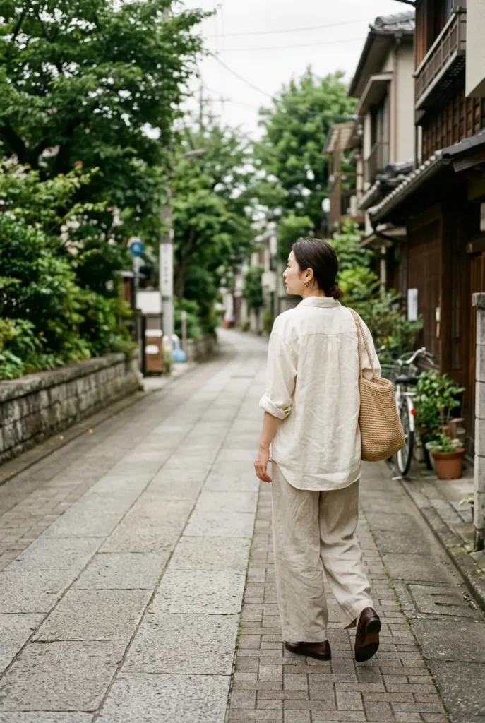 Woman in cream and oat Japanese minimalist fashion outfit walking a calm city street