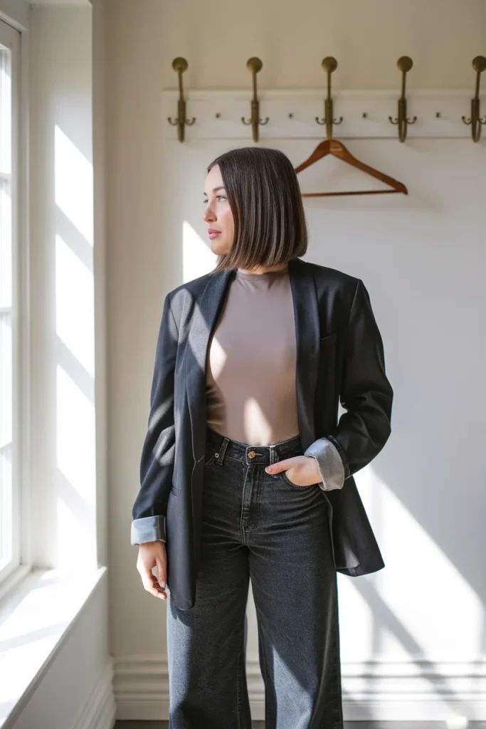 Woman in dark baggy jeans and a black structured blazer in soft side window light