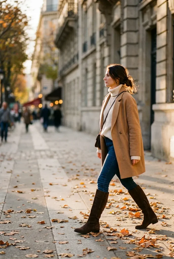 Woman in espresso suede knee-high boots, jeans and camel coat walking on a leafy fall sidewalk.