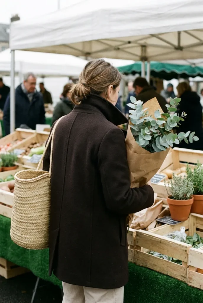 Woman in espresso wool peacoat carrying a woven tote at a market