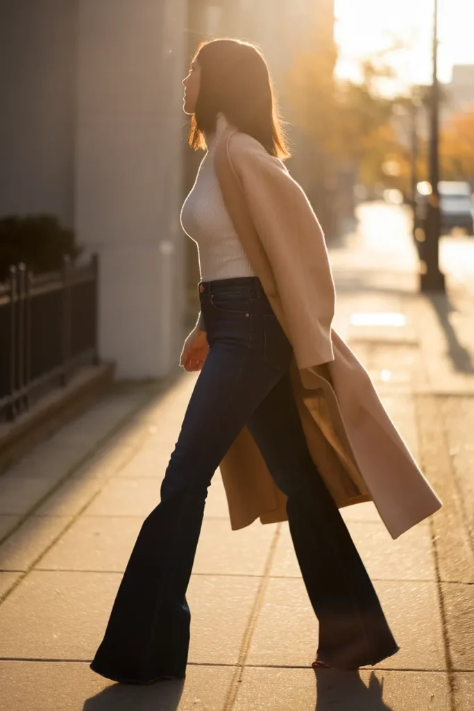 Woman in high rise indigo flared jeans, ivory knit, and camel trench walking in golden hour light