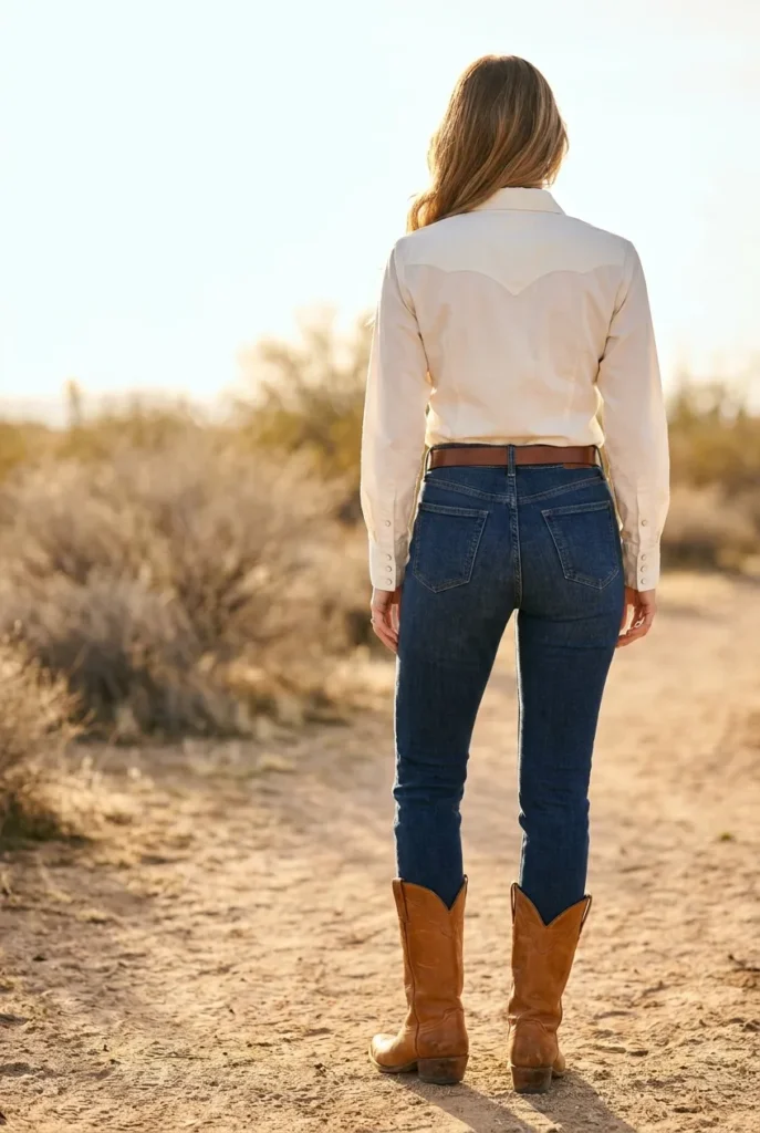 Woman in ivory pearl-snap shirt and dark western denim with cowboy boots, a chic western outfit for women.