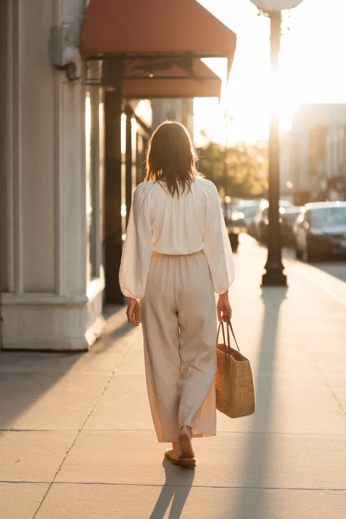 Woman in ivory peasant blouse and oat linen pants at golden hour, a boho capsule wardrobe outfit