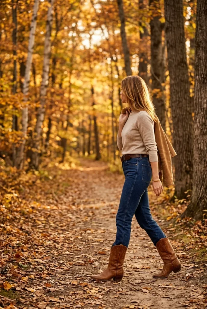 Woman in knit sweater, western jeans, and cowboy boots for a fall western outfit transition.