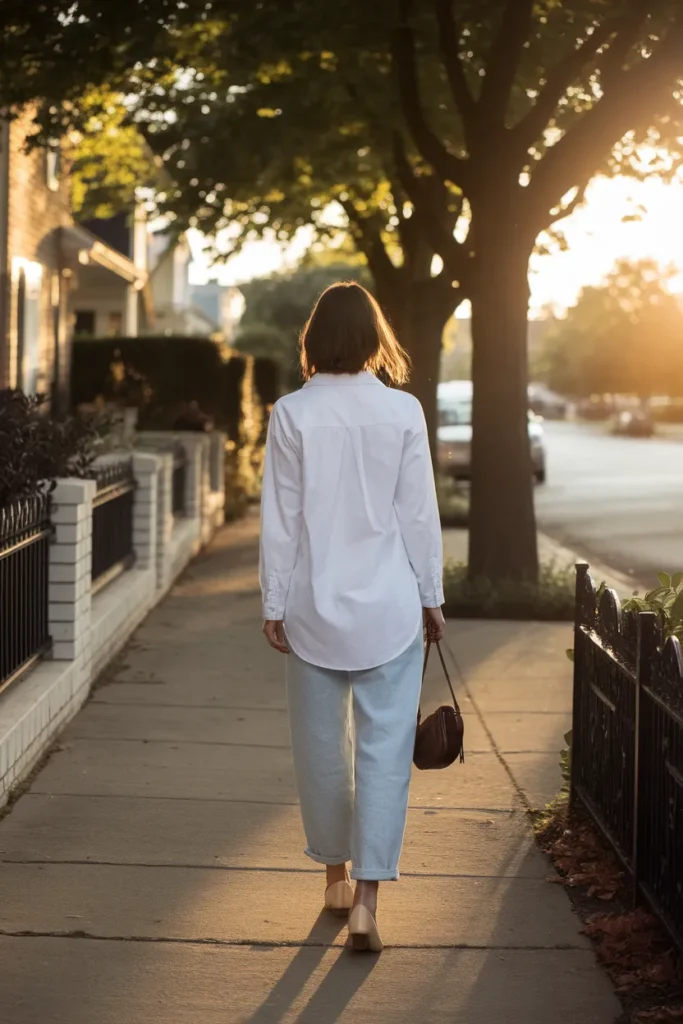 Woman in light wash baggy jeans and a half tucked white button-down walking in golden hour light