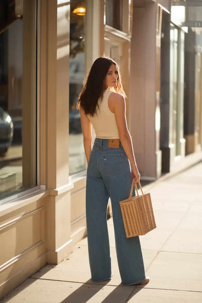 Woman in medium wash baggy jeans and a cream tank walking a city sidewalk in warm side light
