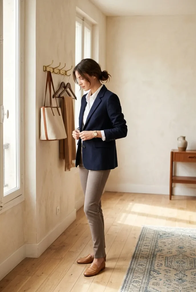 Woman in navy blazer and white button-down putting together a job interview outfit at home