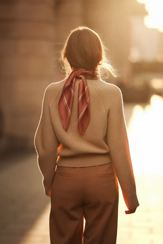 Woman in neutral capsule outfit with a terracotta silk scarf walking in golden hour light
