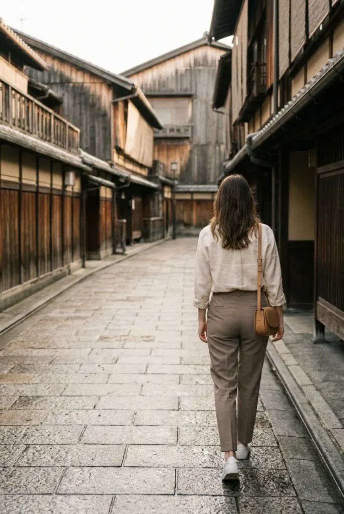 Woman in neutral linen capsule outfit walking a Kyoto street, Japan travel capsule wardrobe
