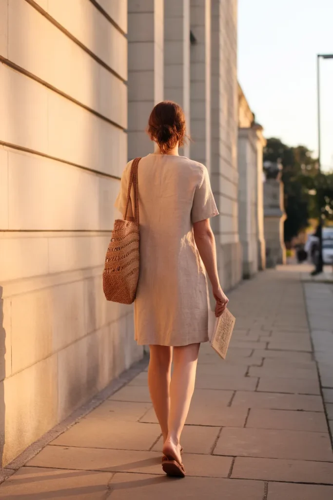 Woman in oat linen dress walking at sunrise, an easy summer capsule wardrobe outfit