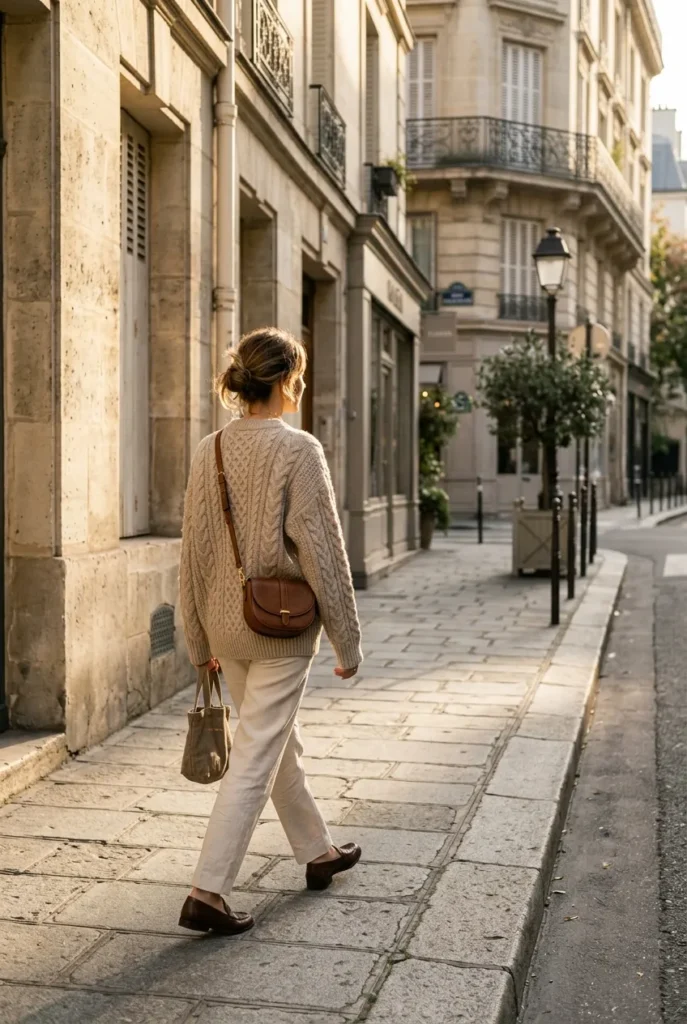 Woman in oat sweater and cream trousers showing effortless Scandinavian style outfits