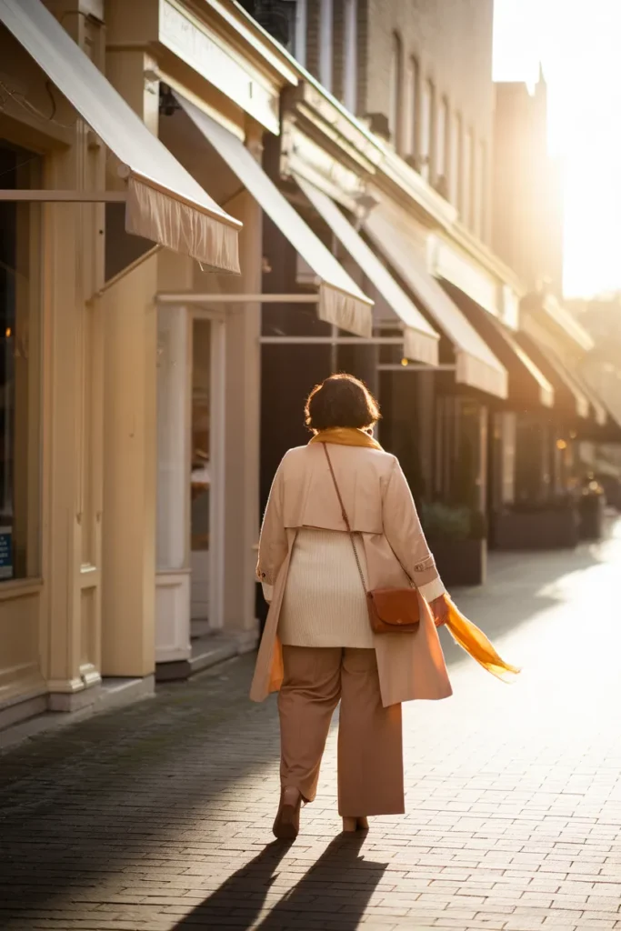 Woman in oat trench and camel trousers at golden hour, shopping the US midsize retailer tiers