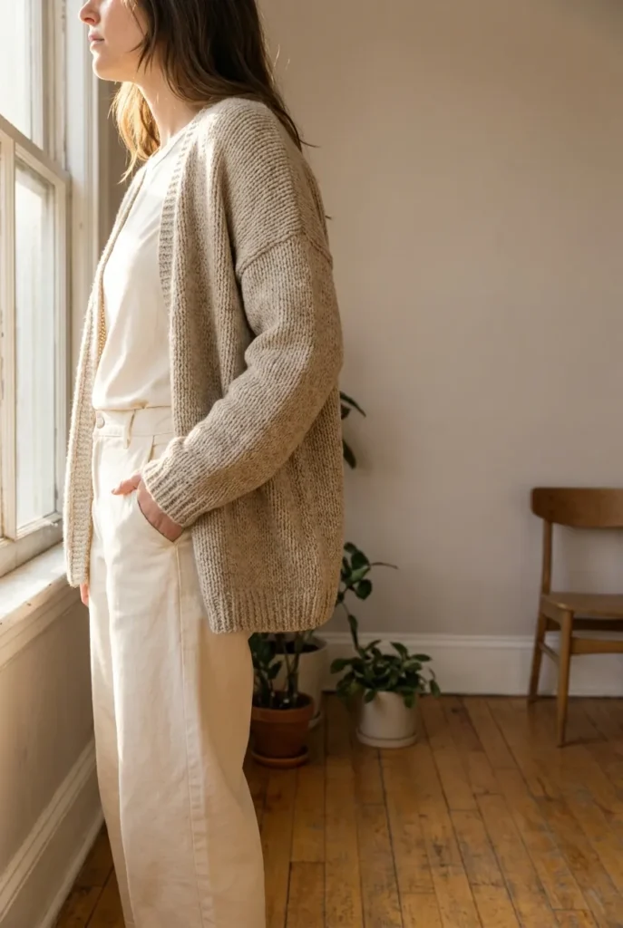 Woman in oatmeal cardigan outfit with ivory tee and cream trousers by a window. Cardigan Outfits