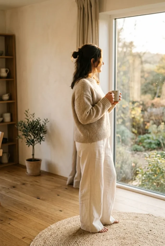 Woman in oatmeal knit and cream trousers in warm minimalist morning light