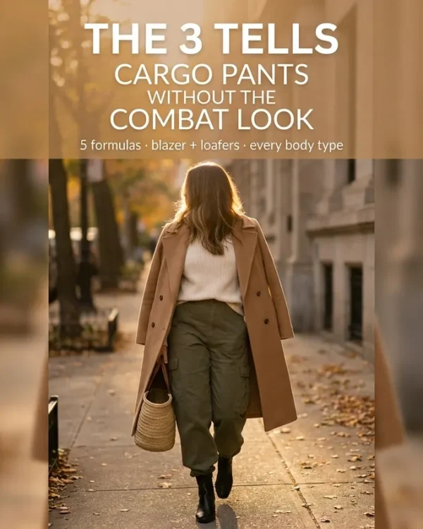 Woman in olive cargo pants and camel coat walking in fall golden-hour light