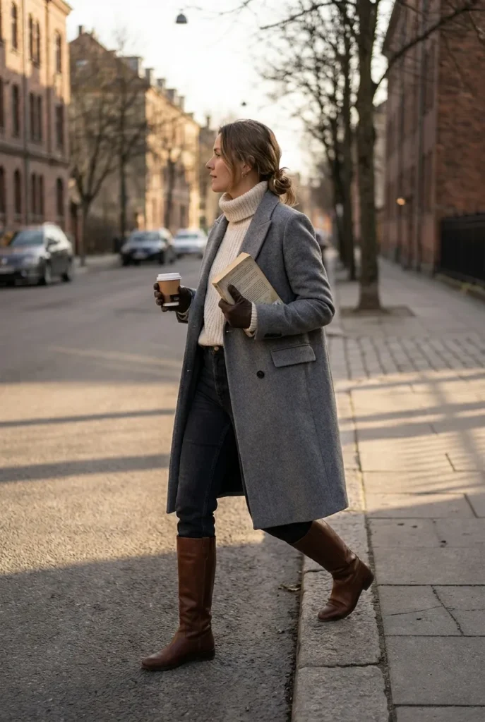 Woman in open grey wool coat over cream knit and tall boots in winter
